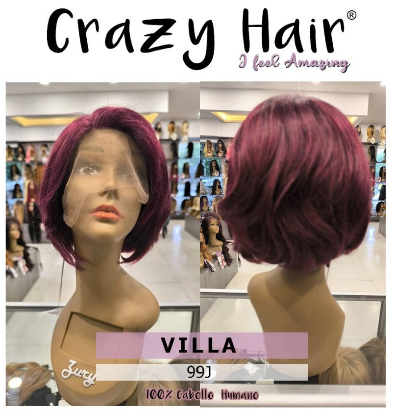 VILLA - Peluca 100% Cabello Humano Brasileño Virgen, Lace Front, Side Hand Tied Part