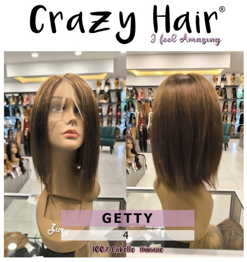 GETTY - Peluca 100% Cabello Humano Brasileño Vigen, Lace Front, Center Hand Tied Part