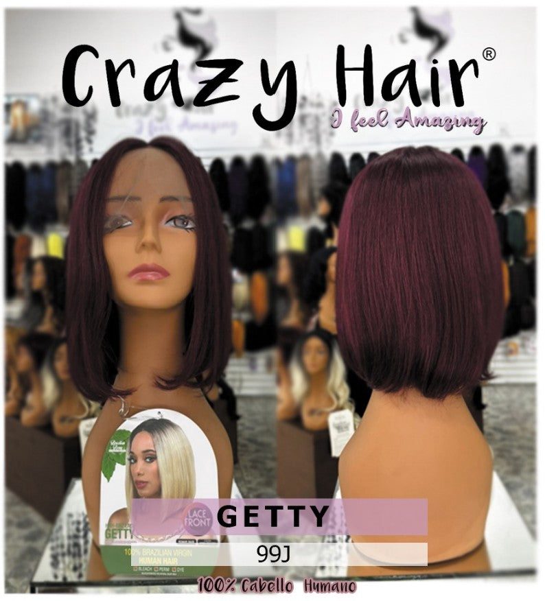 GETTY - Peluca 100% Cabello Humano Brasileño Vigen, Lace Front, Center Hand Tied Part