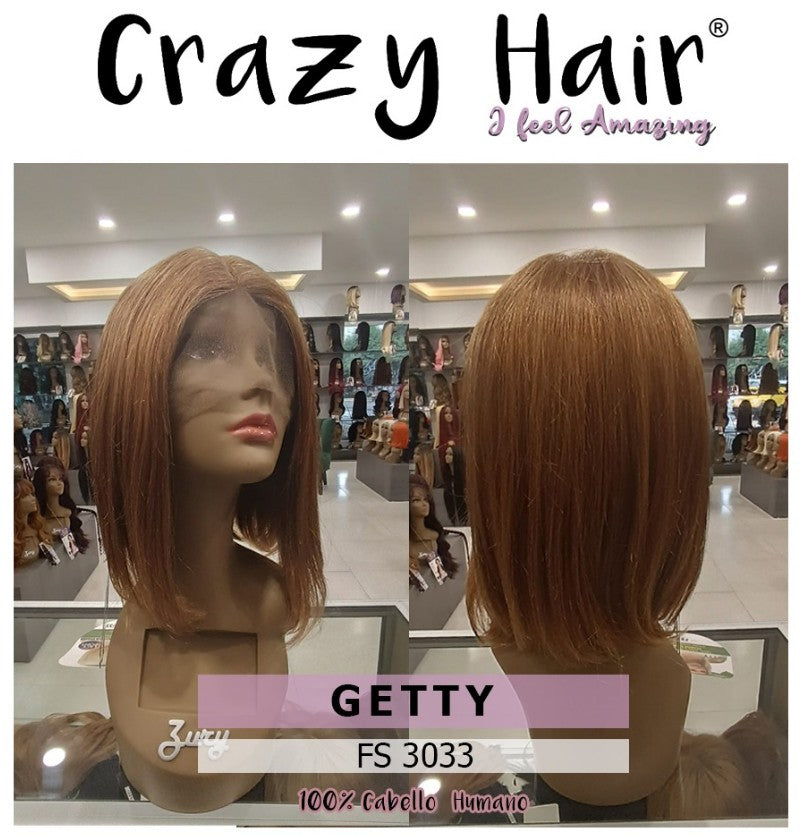 GETTY - Peluca 100% Cabello Humano Brasileño Vigen, Lace Front, Center Hand Tied Part