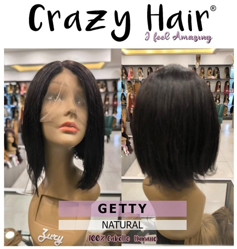 GETTY - Peluca 100% Cabello Humano Brasileño Vigen, Lace Front, Center Hand Tied Part