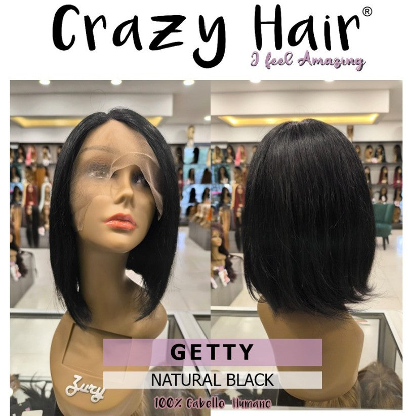 GETTY - Peluca 100% Cabello Humano Brasileño Vigen, Lace Front, Center Hand Tied Part