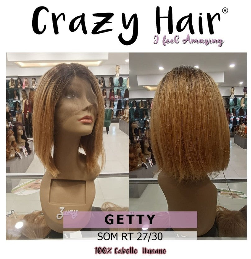 GETTY - Peluca 100% Cabello Humano Brasileño Vigen, Lace Front, Center Hand Tied Part