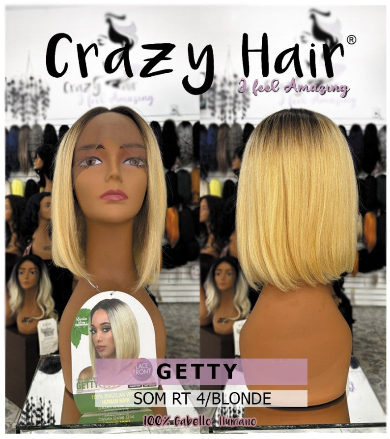 GETTY - Peluca 100% Cabello Humano Brasileño Vigen, Lace Front, Center Hand Tied Part