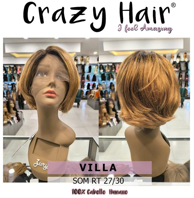 VILLA - Peluca 100% Cabello Humano Brasileño Virgen, Lace Front, Side Hand Tied Part