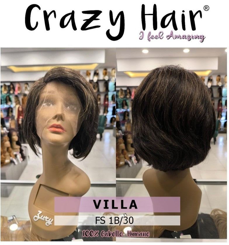 VILLA - Peluca 100% Cabello Humano Brasileño Virgen, Lace Front, Side Hand Tied Part
